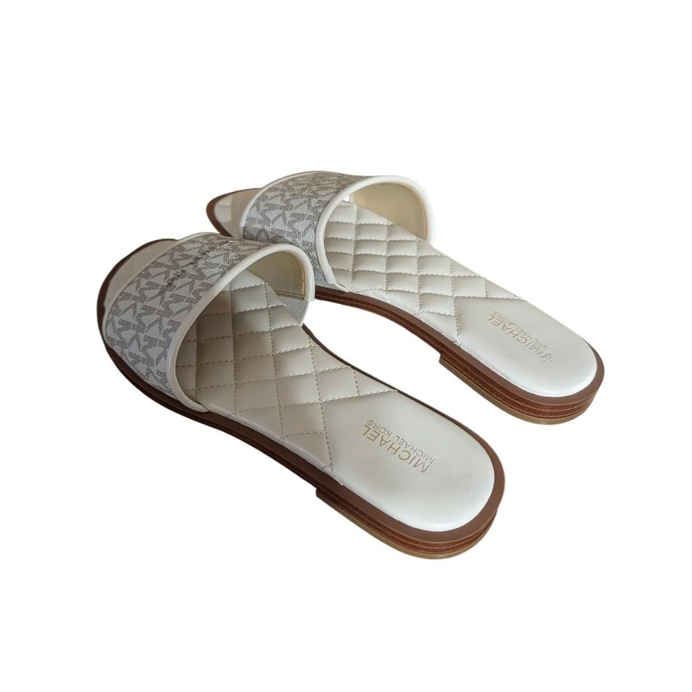 MICHAEL KORS Women's FELICIA FLAT SLIDES MK Signature Logo Print Vanilla 8.5 M - Picture 2 of 10